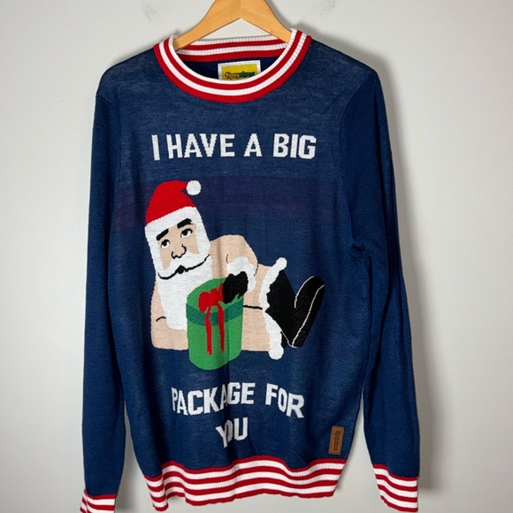 Tipsy Elves Large Blue I Have a Big Package for You Christmas Sweater